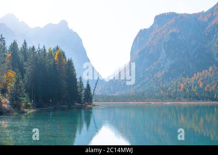 Panoramablick über den Toblacher See und die Dolomiten im Herbst Oktober Farben am nebligen Morgen, Dolomiten, S Stockfoto