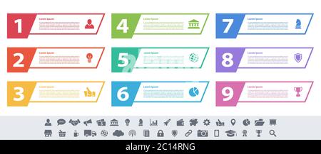 Infografik design Business Konzept Vector Illustration mit 9 Schritte und Optionen oder Prozesse, Arbeitsabläufe oder Diagramm oder Web button Banner dar Stock Vektor