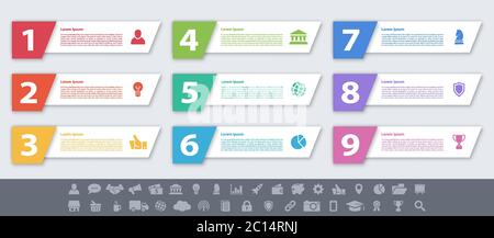 Infografik design Business Konzept Vector Illustration mit 9 Schritte und Optionen oder Prozesse, Arbeitsabläufe oder Diagramm oder Web button Banner dar Stock Vektor