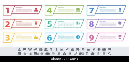 Infografik design Business Konzept Vector Illustration mit 9 Schritte und Optionen oder Prozesse, Arbeitsabläufe oder Diagramm oder Web button Banner dar Stock Vektor