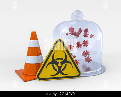 Virus COVID-19, Alarm für Pandemierisiko. Schild für Biohazard. Warnzeichen des Virus. 3D-Rendering Stockfoto