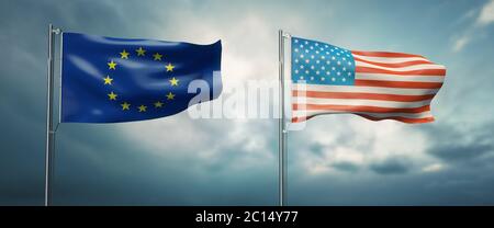 3d-Darstellung zweier Staatsflaggen der europäischen Union und der vereinigten Staaten von amerika, die sich gegenüberstehen und sich im Wind vor Wolken bewegen Stockfoto