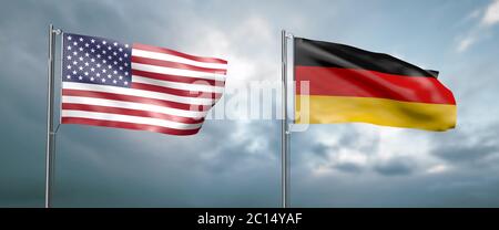 3d-Illustration zwei Staatsflaggen der vereinigten Staaten von amerika und deutschland, die sich gegenüberstehen und sich im Wind vor wolkendem Himmel bewegen Stockfoto