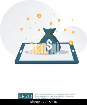 Dollar Stapel und Geldbeutel auf Smartphone. Konzept für Business-Investitionen, digitale mobile Geldbörse, Internet-Banking, Gewinn online, drahtlos Stock Vektor