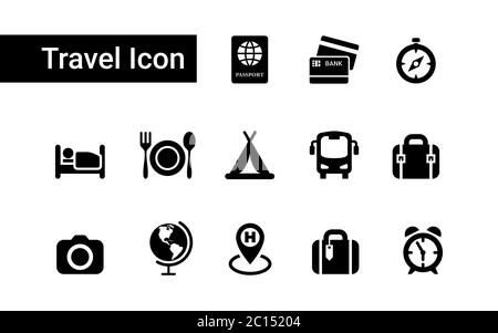 Einfaches, flaches, minimalistisches Reisesymbol. Satz Reisesymbole für grafische Ressourcen für Urlaubsdienste. Tourismus Vektor Grafik Element Stock Vektor