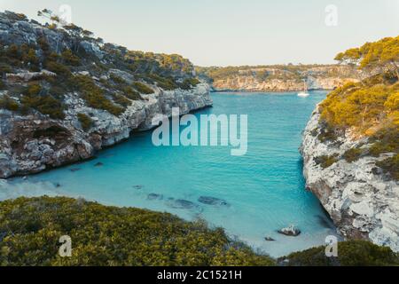 Panoramablick auf den Sonnenuntergang von Es calo des Moro schöner Strand. Schatten von Kiefern auf kristallklarem Wasser. Klassifiziert als einer der besten Strände der Welt. Stockfoto