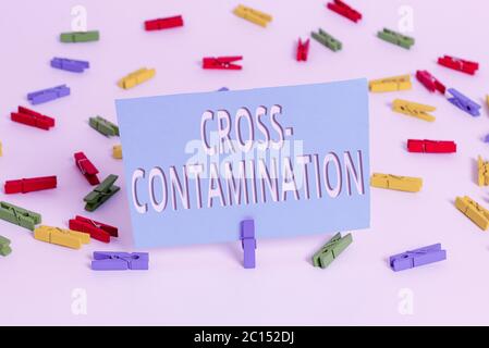 Textschild mit Kreuzkontamination. Business Foto Text unbeabsichtigte Übertragung von Bakterien von einer Substanz auf eine andere farbige Wäscheklammer pap Stockfoto