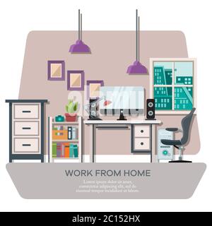 Vektordarstellung eines Arbeitsbereichs mit Arbeitsgeräten und Raummöbeln mit Blick auf die Stadt. Komfortabler Arbeitsplatz. Stock Vektor