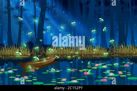 firefly und Boot im Sumpf in der Vollmondnacht Stock Vektor