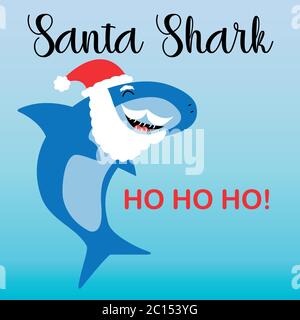 Santa Claus Shark mit Bart und Hut auf gradient blau Hintergrund Stock Vektor