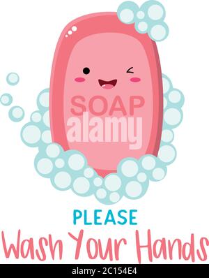 Süße, rosa, kawaii Seife mit Wash your Hands Titel und Blasen. Perfekt für Web oder Print. Es kann als Warnplakat in der Kinderstube verwendet werden. Stock Vektor