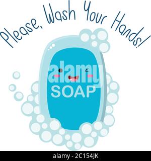 Süße blaue, kawaii Seife mit Wash your Hands Titel und Blasen. Perfekt für Web oder Print. Es kann als Warnplakat in der Kinderstube verwendet werden. Stock Vektor