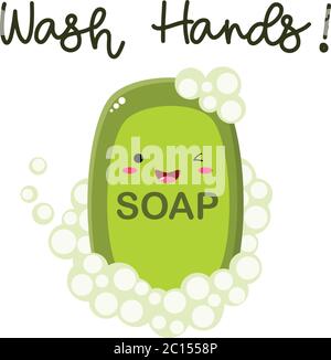 Süße, grüne, kawaii Seife mit "Wash Your Hands" Titel und Blasen. Perfekt für Web oder Print. Es kann als Warnplakat in der Kinderstube verwendet werden. Stock Vektor