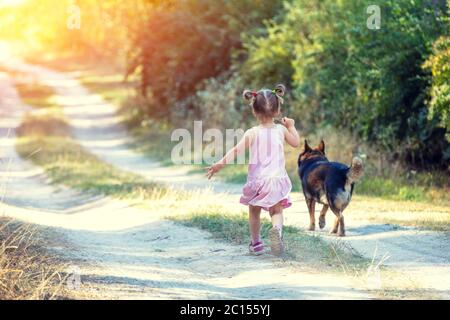 Kleines Mädchen mit einem Hund läuft auf der Feldstraße im Wald an einem sonnigen Sommertag. Zurück zur Kamera Stockfoto