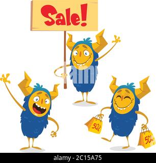 Happy Halloween Cartoon Monster für shopping rabatt Banner gesetzt. Monster holding Verkauf Zeichen. Monster mit gelb Sale Taschen Stock Vektor