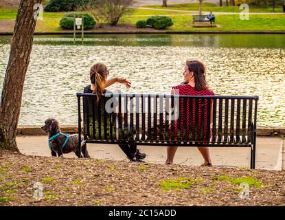 Charlotte, NC/USA - 24. März 2019: Zwei Freunde unterhalten sich und entspannen sich auf einer Parkbank an einem schönen Tag im Freedom Park neben einem großen flowin-Teich Stockfoto