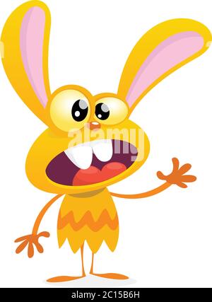 Niedliche gelbe Monster Kaninchen. Halloween Vektor bunny Monster mit großen Ohren winken. Auf weiß Isoliert Stock Vektor