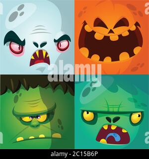 Cartoon Monster Gesichter Vector eingestellt. Cute square Avatare und Icons. Monster, Kürbis Gesicht, Vampire, Zombies Stock Vektor