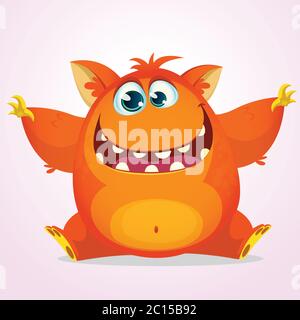 Vektor-Cartoon eines orangefarbenen Fett und flauschigen Halloween-Monster. Niedliches Monster mit großen Ohren lächelnd und winkend. Stock Vektor