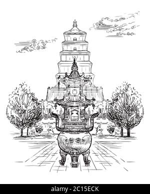 Große Wildganspagode, buddhistische Pagode im südlichen Xi'an, Provinz Shaanxi, Wahrzeichen Chinas. Handgezeichnete Vektor Skizze Illustration in schwarzer Farbe ist Stock Vektor