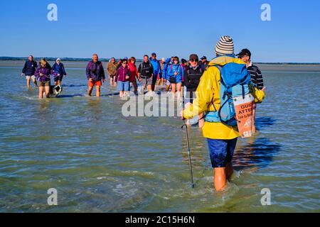 Frankreich, Normandie, Departement Manche, Bucht von Mont Saint-Michel UNESCO-Weltkulturerbe, Abtei von Mont Saint-Michel, Überquerung zu Fuß des Mont Saint-Michel Stockfoto