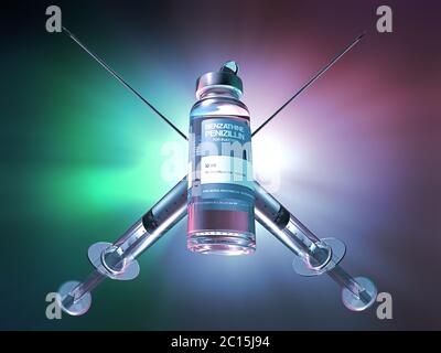 Zwei gekreuzte Spritzen hinter einem Penicillin-Fläschchen oder Ampulle - 3d-Illustration Stockfoto