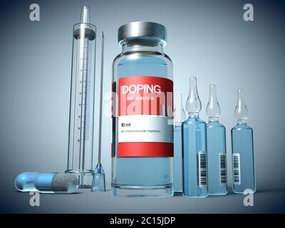 Dopingsubstanzen in einem Fläschchen, in Ampullen und in Kapselform und einer Injektionsspritze - 3d-Illustration Stockfoto