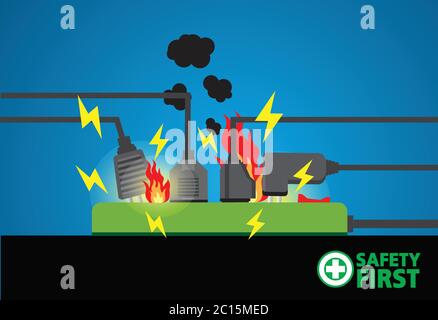 Netzstecker ist voll, Kurzschluss, Sicherheit zuerst, Vektor-Design Stock Vektor