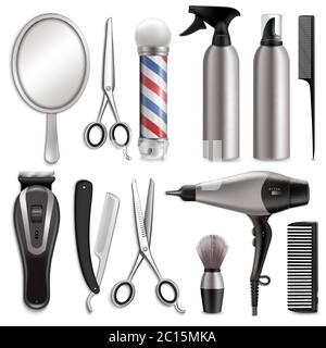 Barber-Werkzeug-Set, Vektor isolierte Illustration. Spiegel, Schere, Kamm, Haartrockner, Haarschneider andere Friseurzubehör. Barbershop, Frisur, b Stock Vektor