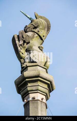 Unicorn, Mercat Cross, Saltmarket, Glasgow Cross, Schottland. Stockfoto