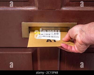 Eine Männerhand schiebt ein flaches Papppaket mit Etikett vom Liefer-/Versandunternehmen durch den Messingbriefkasten einer alten hölzernen Haustür. Stockfoto