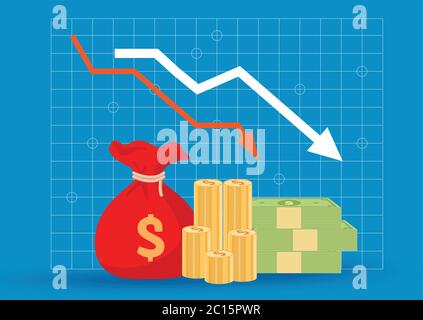 Krise der Unternehmensfinanzierung, Diagramm unten, rote Pfeile, Vektordesign Stock Vektor
