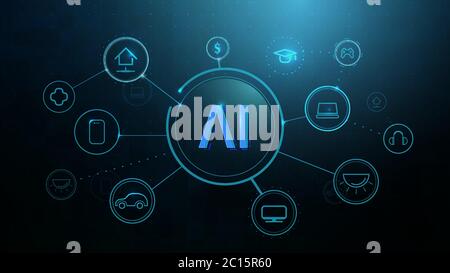 KI, künstliche Intelligenz, Internet der Dinge IoT, Infografik Vorlage mit Symbolen, intelligente Technologien Stock Vektor
