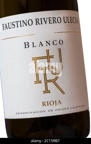 Etikett auf Faustino Rivero Ulecia Blanco Rioja Flasche Weißwein - Produkt aus Spanien, Spanisch Stockfoto