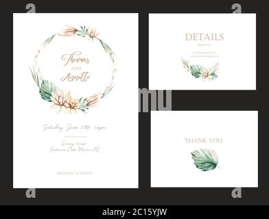 Vector Set mit Einladungskarten mit Aquarellblumen-Savanne und Goldelementen. Hochzeitstouquet Kollektion Stock Vektor