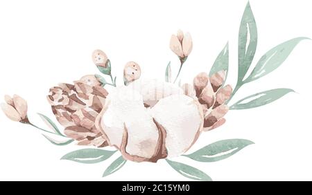 Vektor Aquarell Blumen Blumenstrauß Rahmen. Psring Dekoration mit protea und Baumwolle. Hochzeit Dekoration Kreis Stock Vektor