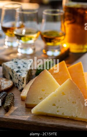 Whiskey und Käse, Verkostung Whiskygläser und Teller mit geschnittenen Käse aus nächster Nähe Stockfoto