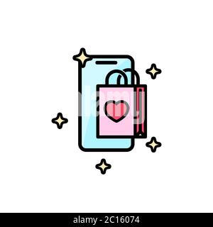 Online-Shopping E-Commerce mit Taschen in Smartphone mit Herz Symbol flach. Liebesgeschichten Symbol. Valentinstag Konzept. Vektor auf isoliertem Weiß Stock Vektor