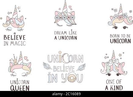 Handgezeichnetes Einhorn Face Set. Zitate für Babykleidung. Einzigartig. Geboren als Einhorn. Glauben Sie an Magie. Einhorn-Königin. Niedliche Baumschule Kunst Zeichnung Stock Vektor