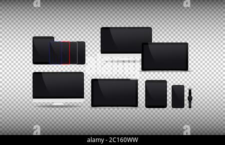 Realistische Vorlage für Laptop, Tablet-Computer, Monitor und Mobiltelefon. Gerätesymbol flach eingestellt. Moderne elektronische Gadget auf weißem Hintergrund isoliert. EPS Stock Vektor