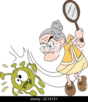 Cartoon alte Frau schlagen Corona Virus Vektor Illustration Stock Vektor