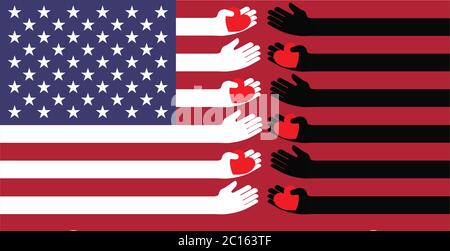 Flagge der vereinigten Staaten Schwarz-weiße Streifen mit Händen, die Herzen zueinander senden / schwarze Leben Materie Stock Vektor