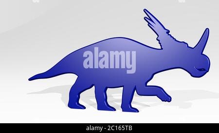 DINOSAURIER gemacht durch 3D-Illustration einer glänzenden Metallic-Skulptur an einer Wand mit hellem Hintergrund. Niedlich und Cartoon Stockfoto