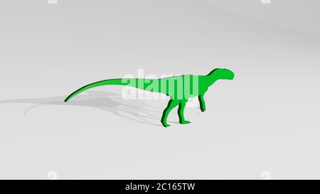 Dinosaurier aus einer Perspektive an der Wand. Eine dicke Skulptur aus metallischen Materialien von 3D-Rendering. Niedlich und Design Stockfoto