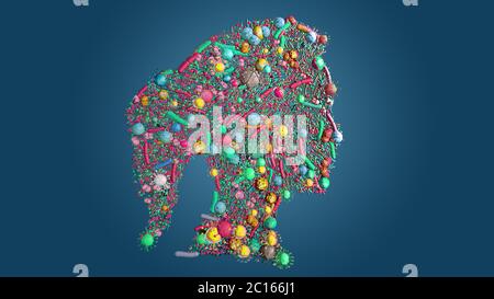 Silhouette eines Menschen mit Hautflora, Mikroorganismen, die natürlich die menschliche Haut kolonisieren - 3d-Illustration Stockfoto