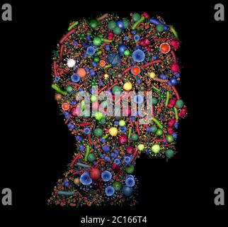 Silhouette eines Menschen mit Hautflora, Mikroorganismen, die natürlich die menschliche Haut kolonisieren - 3d-Illustration Stockfoto