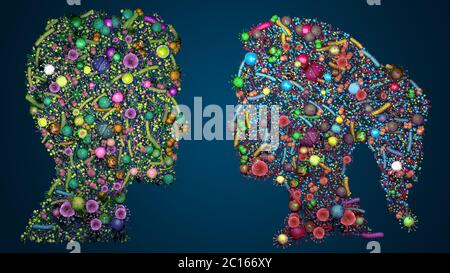 Silhouette eines Menschen mit Hautflora, Mikroorganismen, die natürlich die menschliche Haut kolonisieren - 3d-Illustration Stockfoto