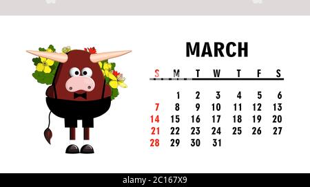 Cute Kalender 2021. Jahr des Stiers. Lustige Stier Charakter isoliert auf einem weißen Hintergrund. Symbol von 2021 Stock Vektor