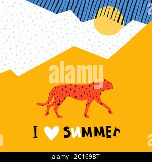 Ich liebe Sommer Grußkarte Illustration. Abstraktes Muster mit geometrischen Formen und Leopard. Vektorhintergrund Stock Vektor