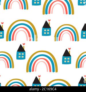Nahtloses Muster mit handgezeichneten Regenbogen und Häusern. Kreative Textur für Stoff, Verpackung, Textil, Tapete, Bekleidung. Vektorgrafik Stock Vektor